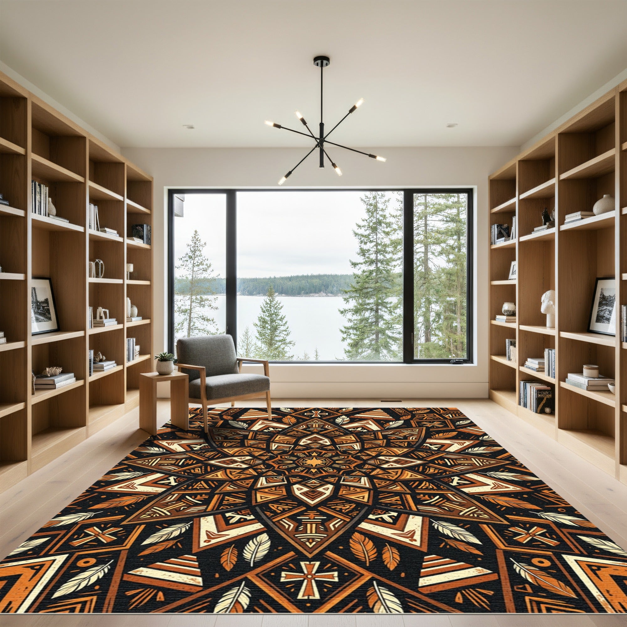 Earthy Boho Geometric Feather Sunburst Rug