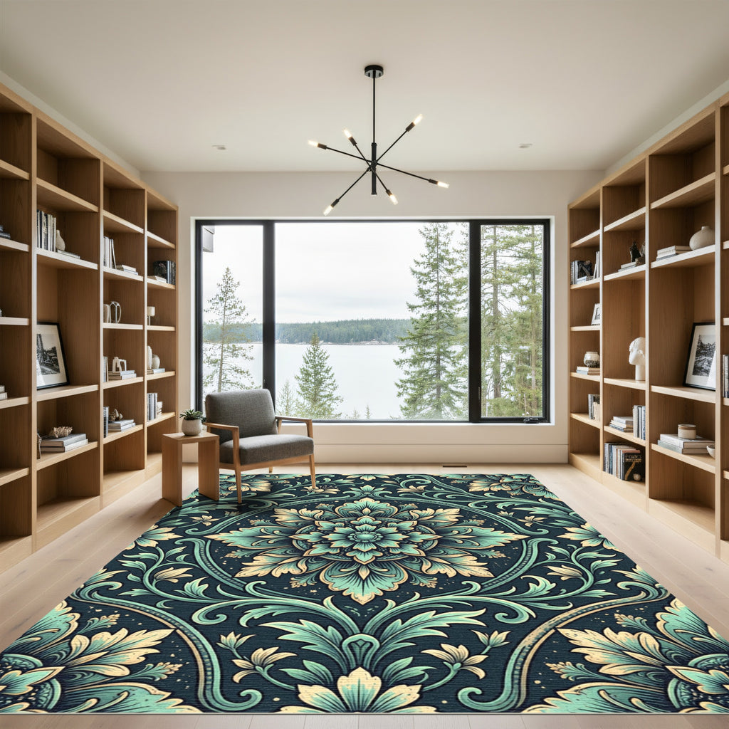 Sage Teal Elaborate Ornate Medallion Rug