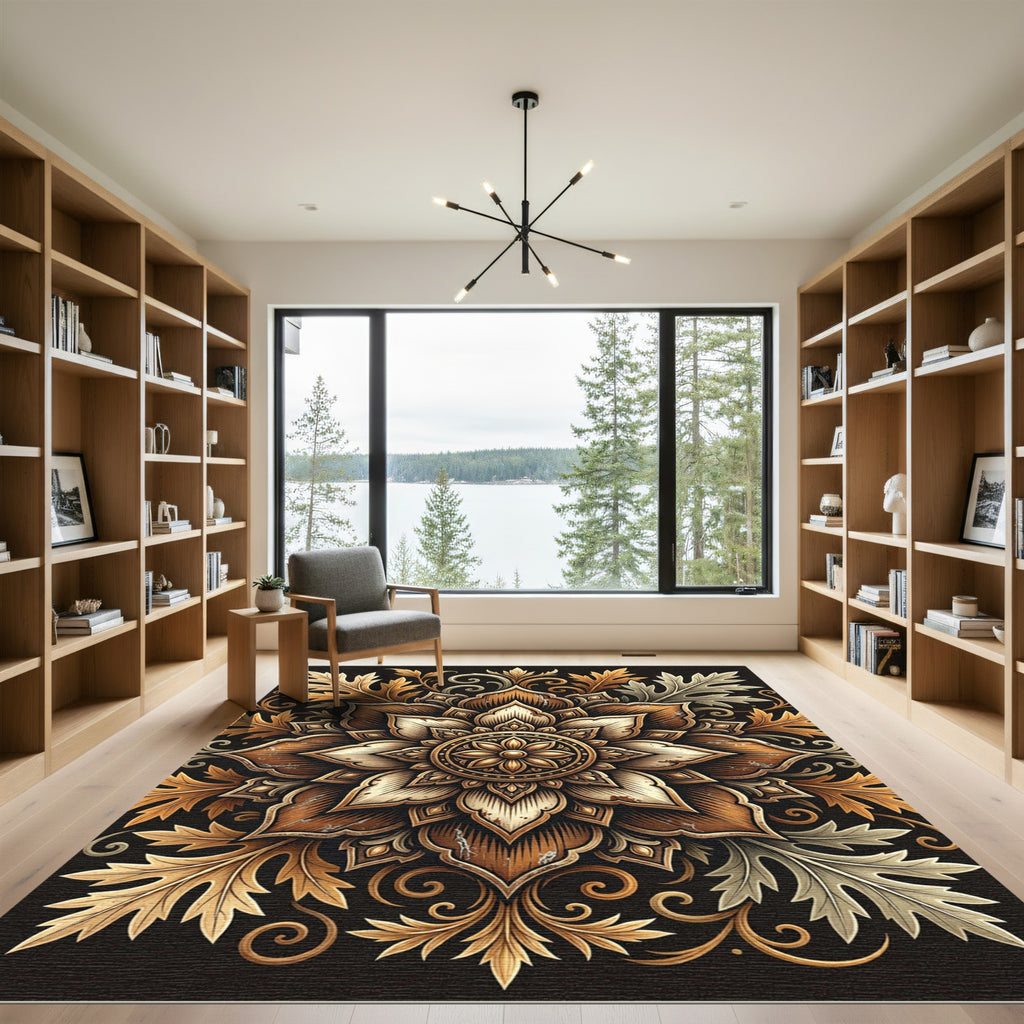 Golden Floral Medallion Earthy Botanical Rug