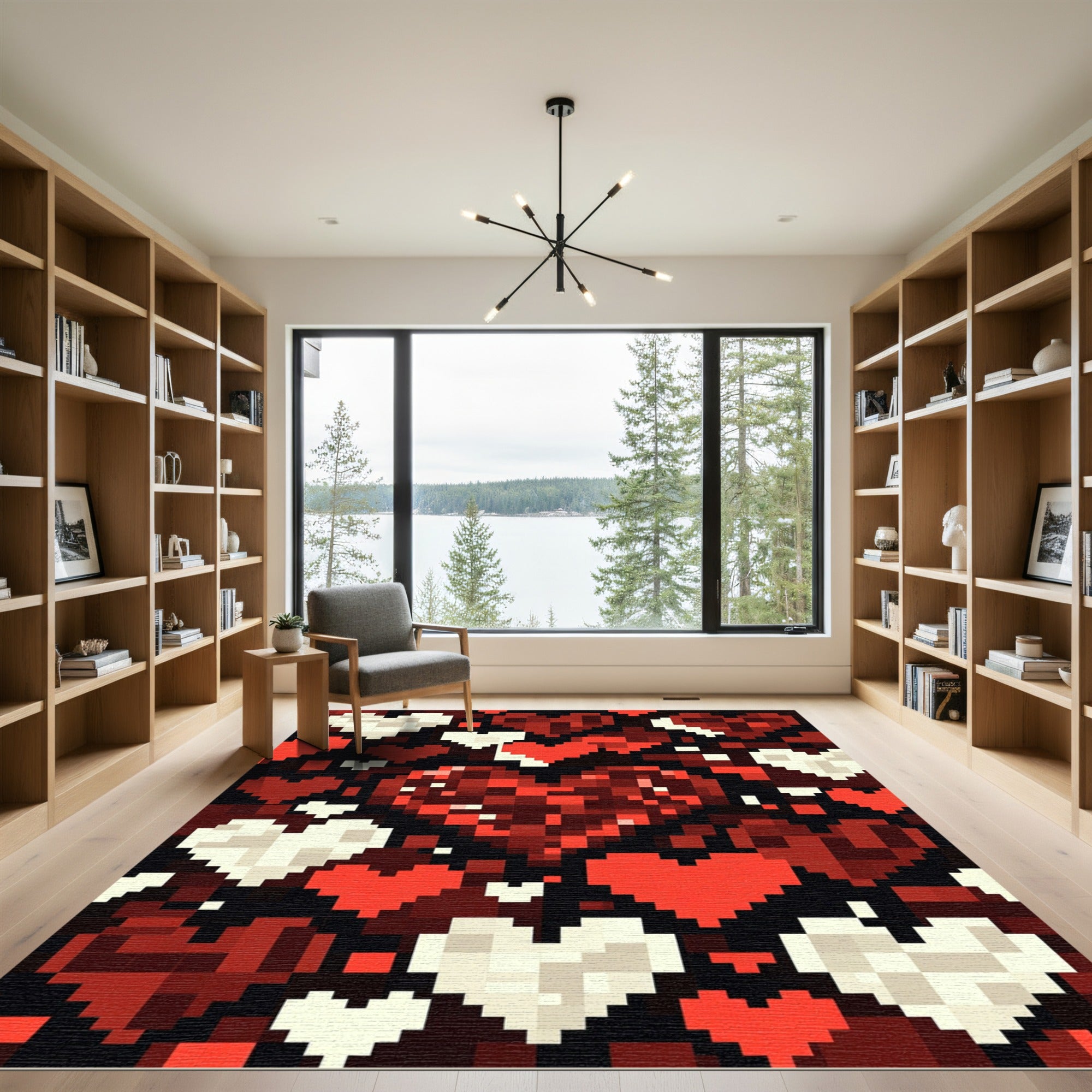 Pixelated Heart Mosaic Red White Rug