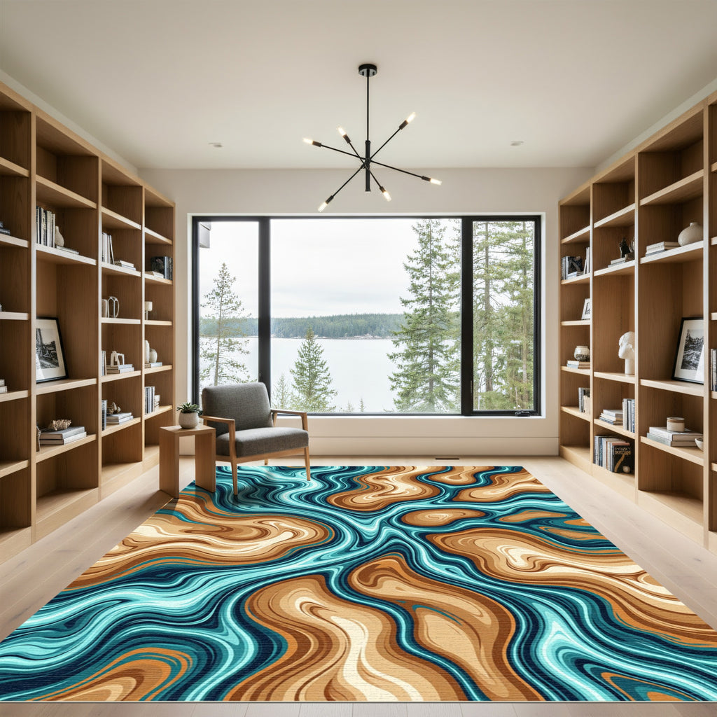 Earthy Brown and Teal Fluid Swirl Rug