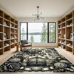 Ornate Black White Floral Gate Scenes Rug