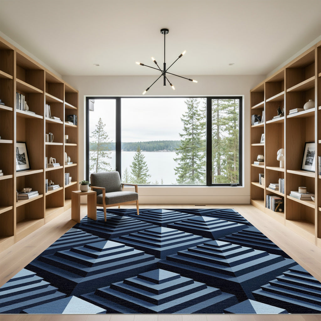 Dark Blue Layered Pyramid Abstract Rug