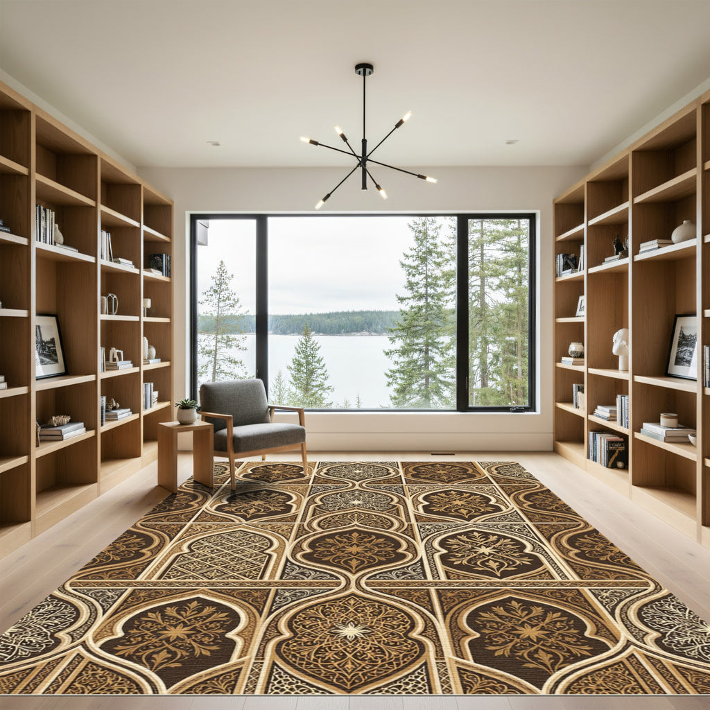 Elaborate Brown Golden Arabesque Arch Rug