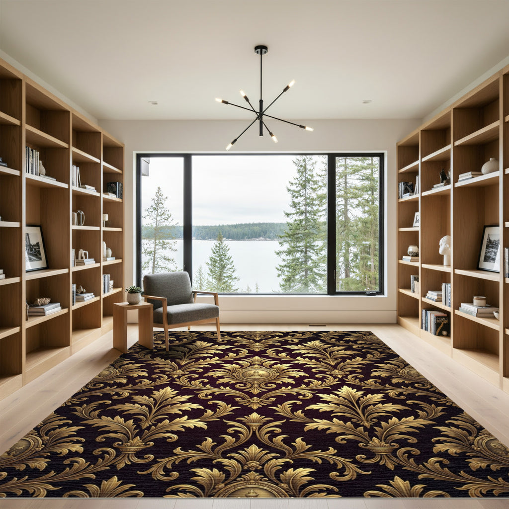 Elegant Golden Damask Scroll Medallion Rug