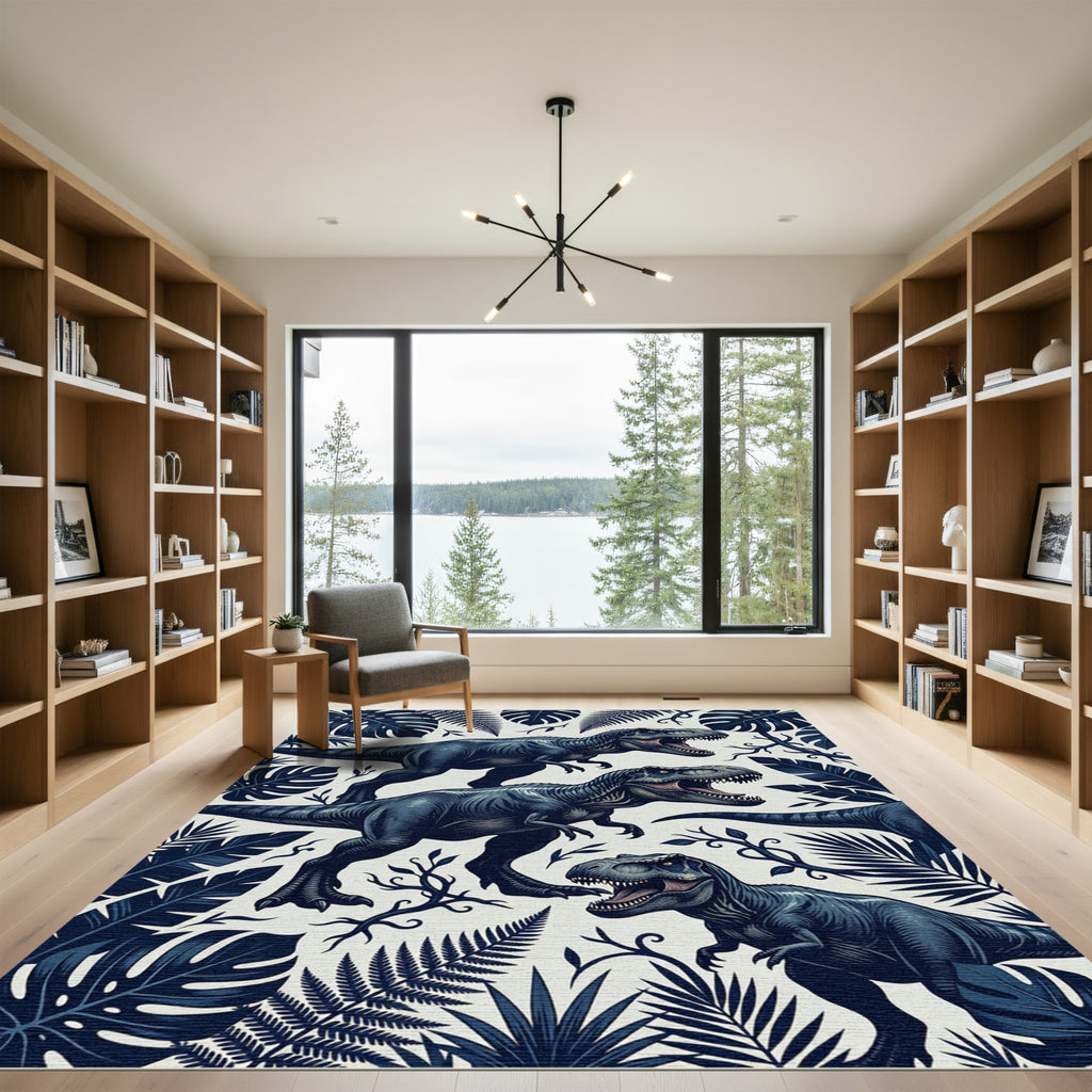Dark Navy T Rex Tropical Jungle Rug