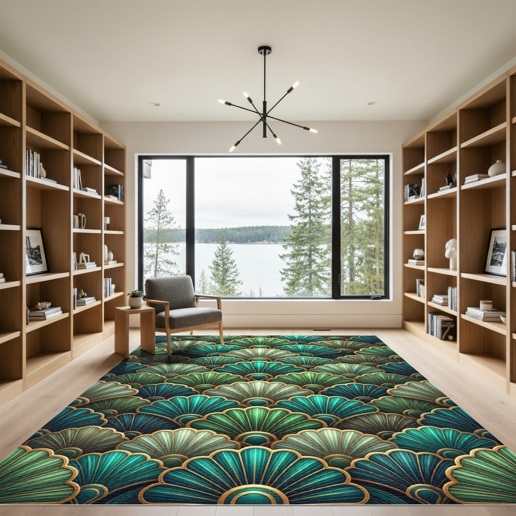 Ornate Teal Green Fan Arrangement Rug