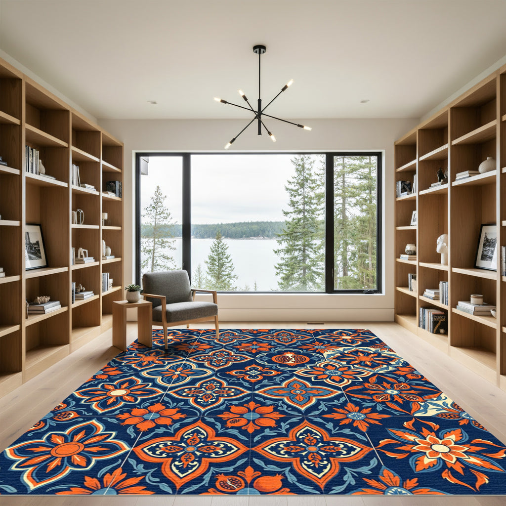 Navy Blue Floral Pomegranate Medallion Rug