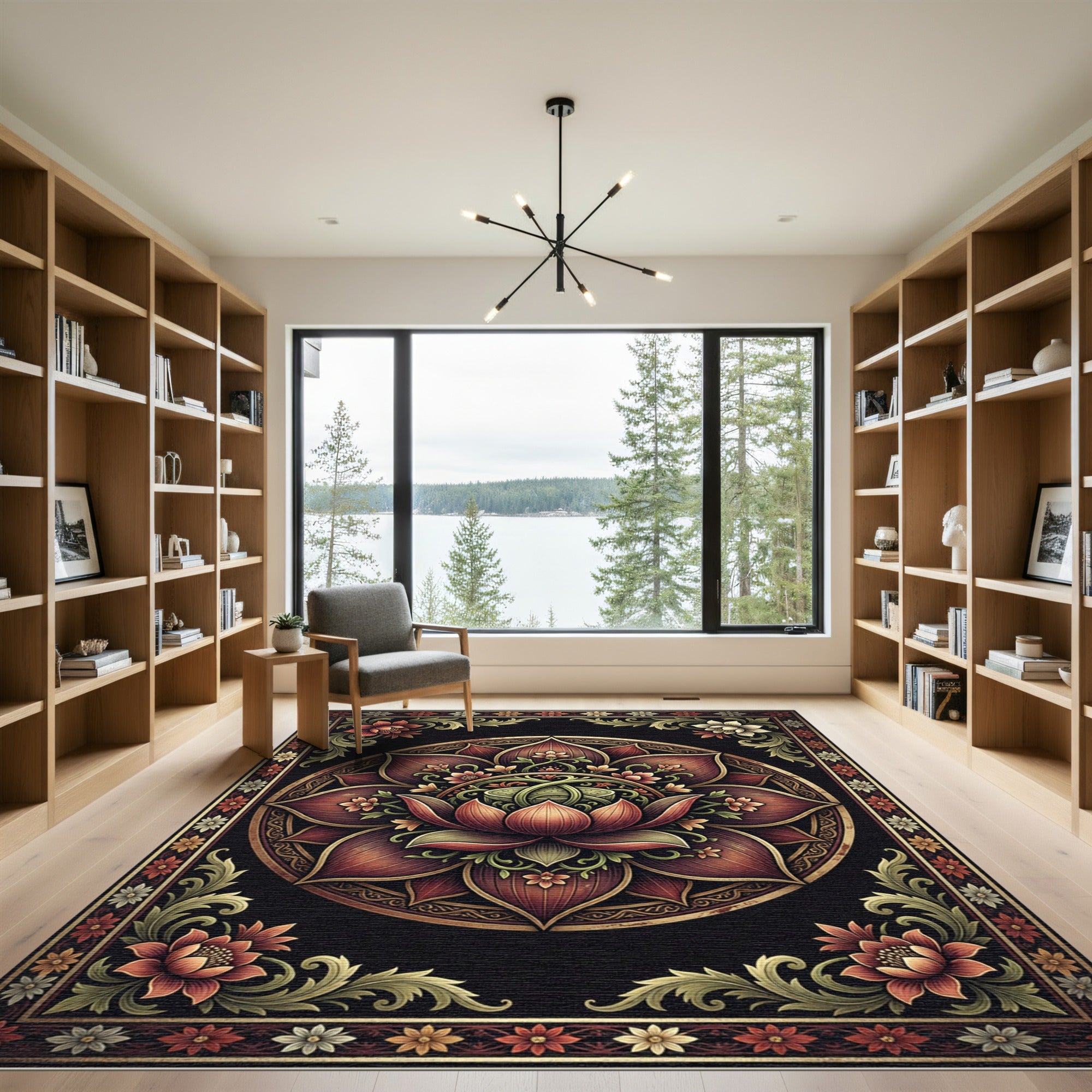 Opulent Deep Crimson Lotus Mandala Rug
