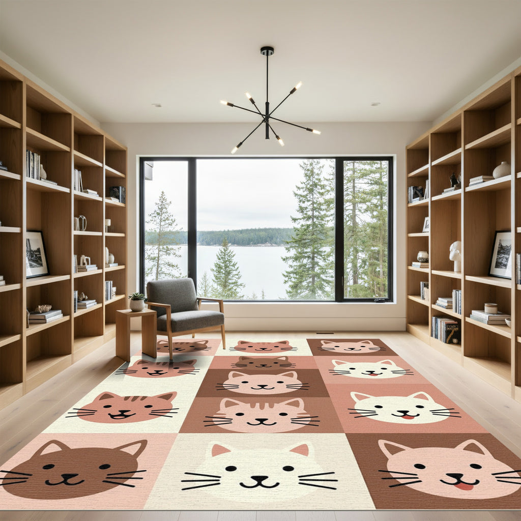 Cute Cat Face Grid Neutral Rug