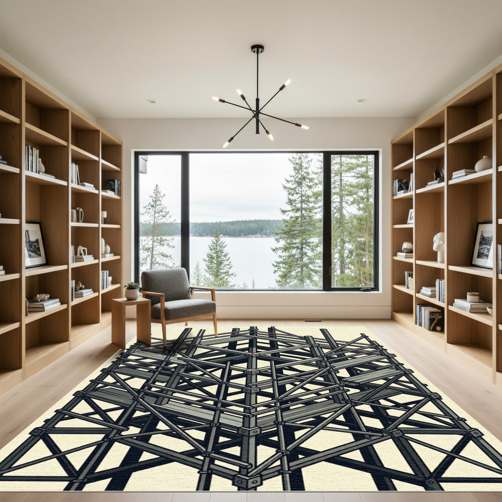 Industrial Monochrome Geometric Scaffold Grid Rug