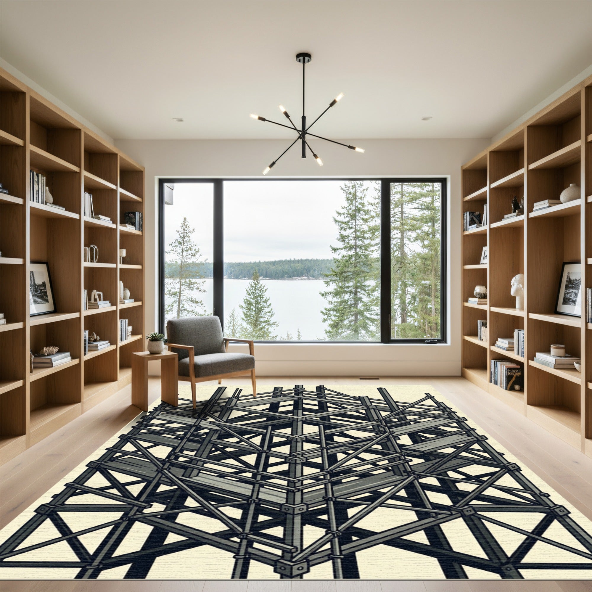 Industrial Monochrome Geometric Scaffold Grid Rug