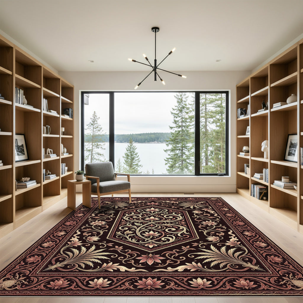 Dark Burgundy Floral Vine Medallion Rug