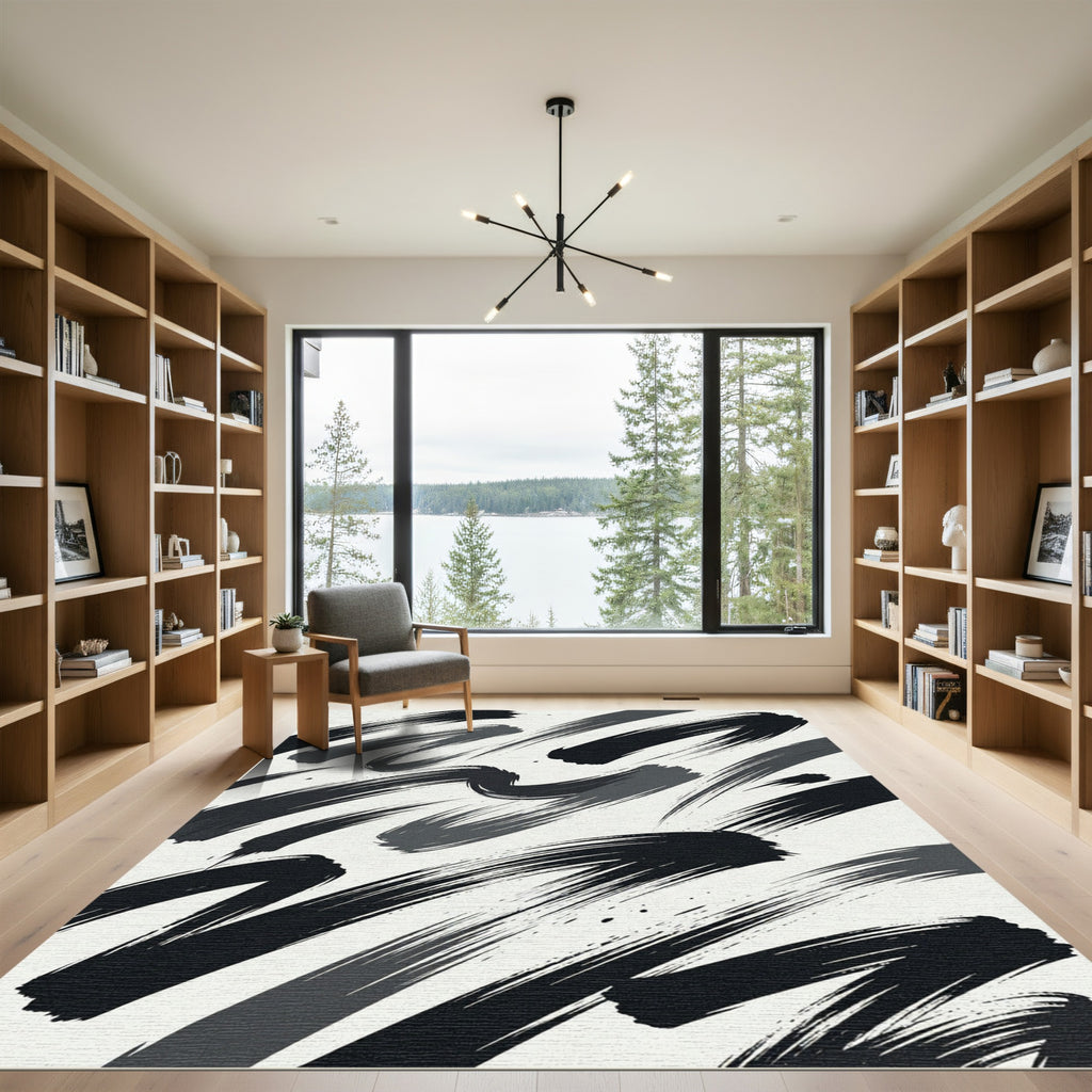 Minimalist Black and White Abstract Brushstroke Rug