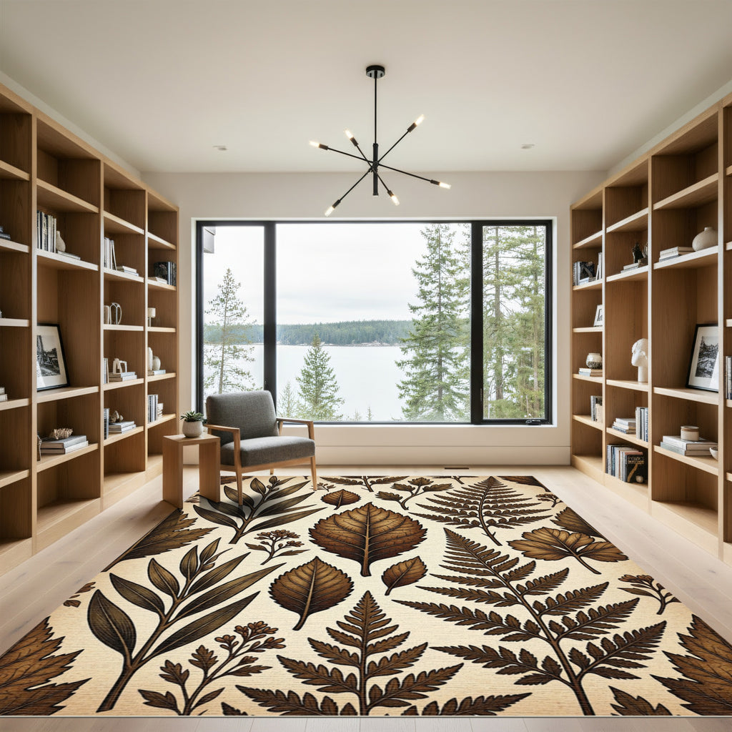 Monochromatic Brown Botanical Leaf Collage Rug