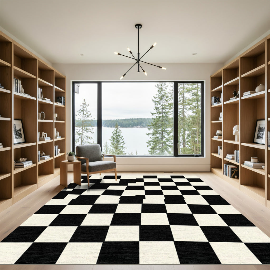 Warped Black White Checkerboard Squares Rug