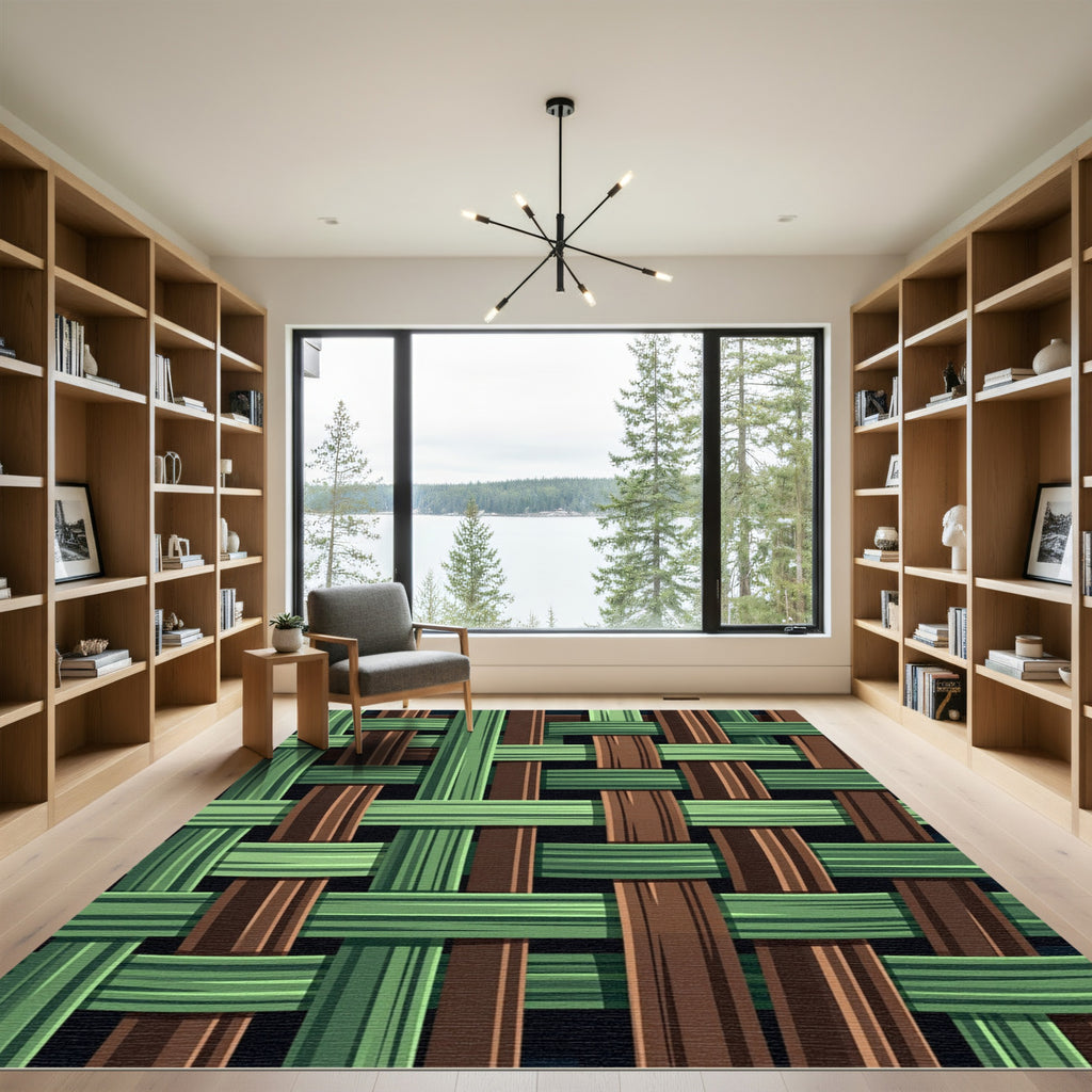 Woven Forest Green and Brown Grid Rug
