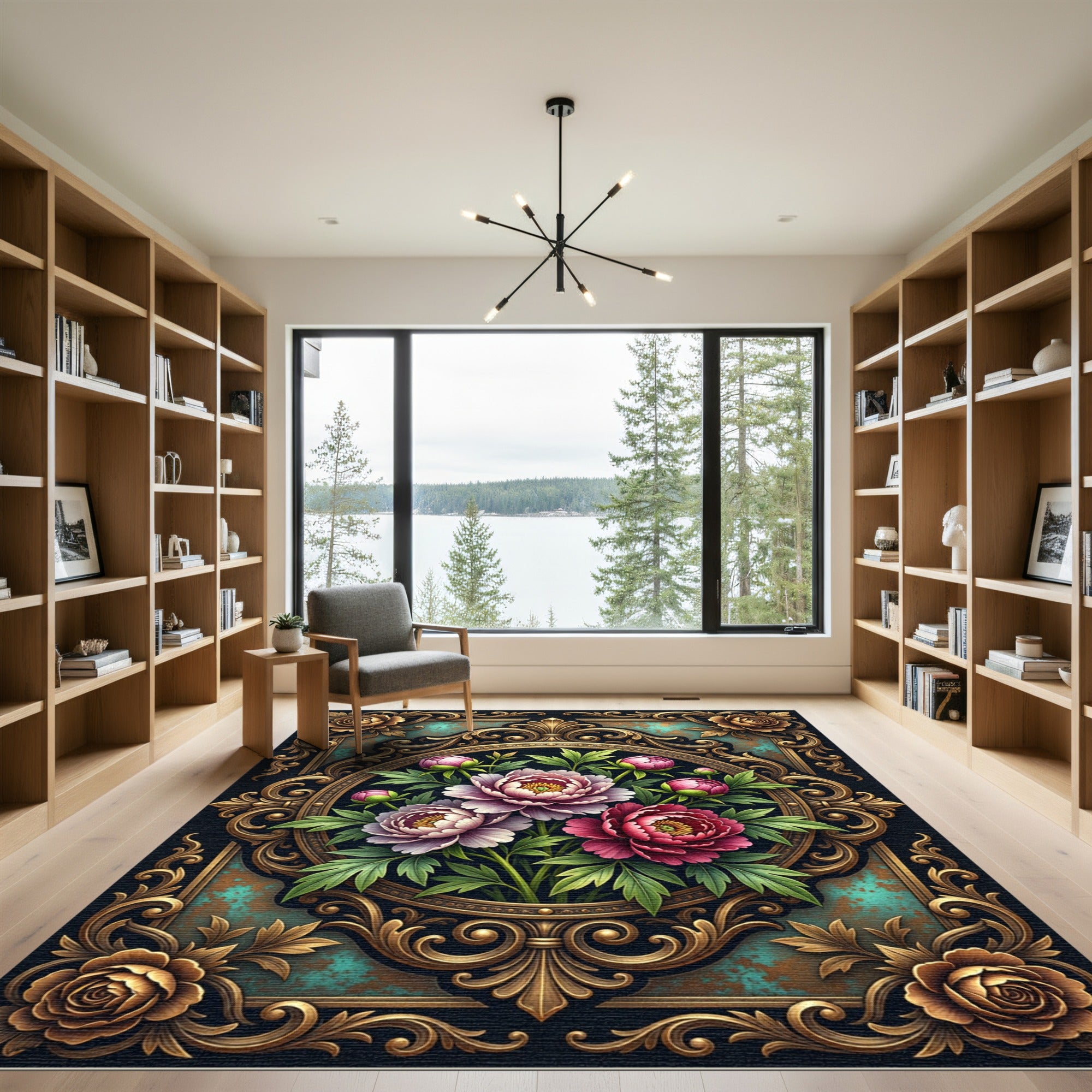Ornate Floral Peony Gold Medallion Rug