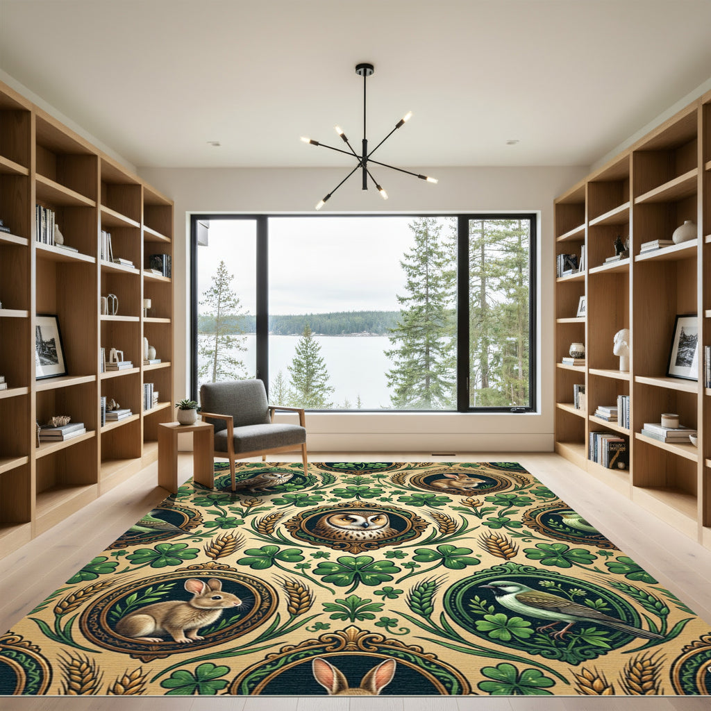 Whimsical Emerald Clover Owl Rabbit Tapestry Rug