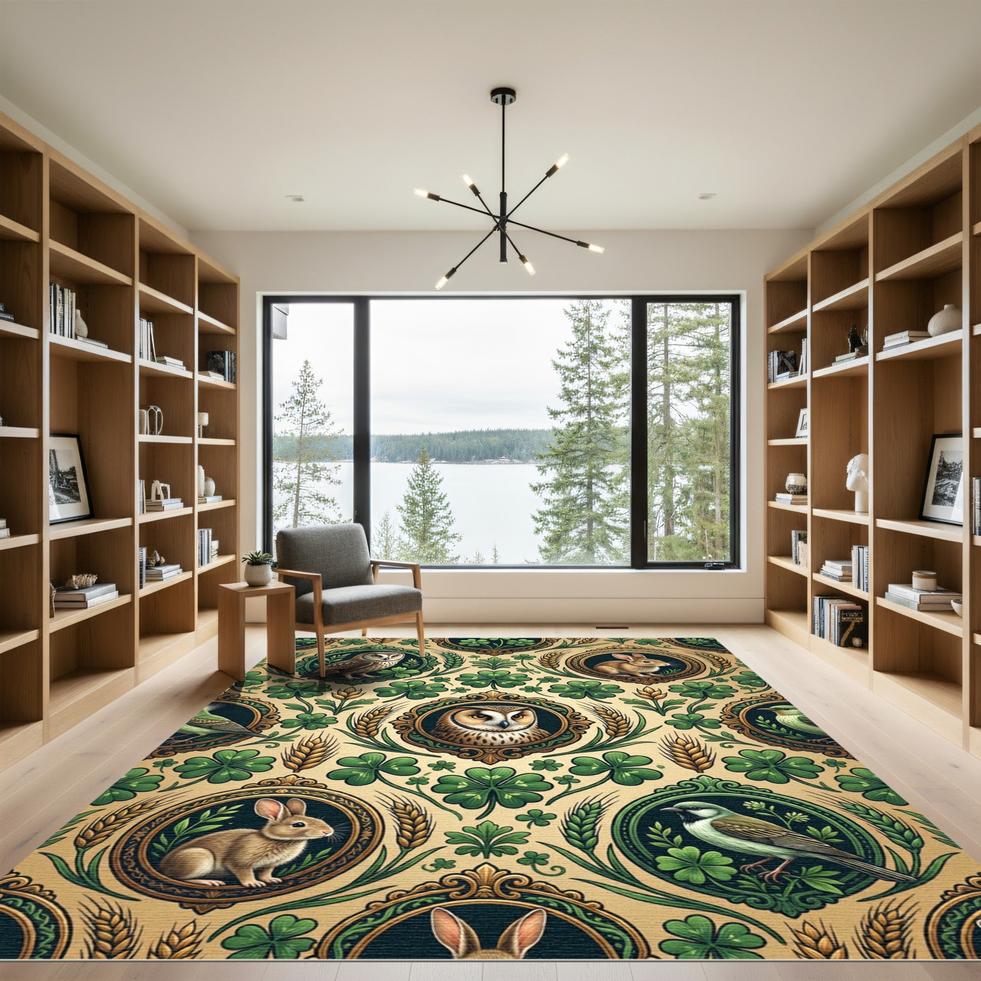 Whimsical Emerald Clover Owl Rabbit Tapestry Rug