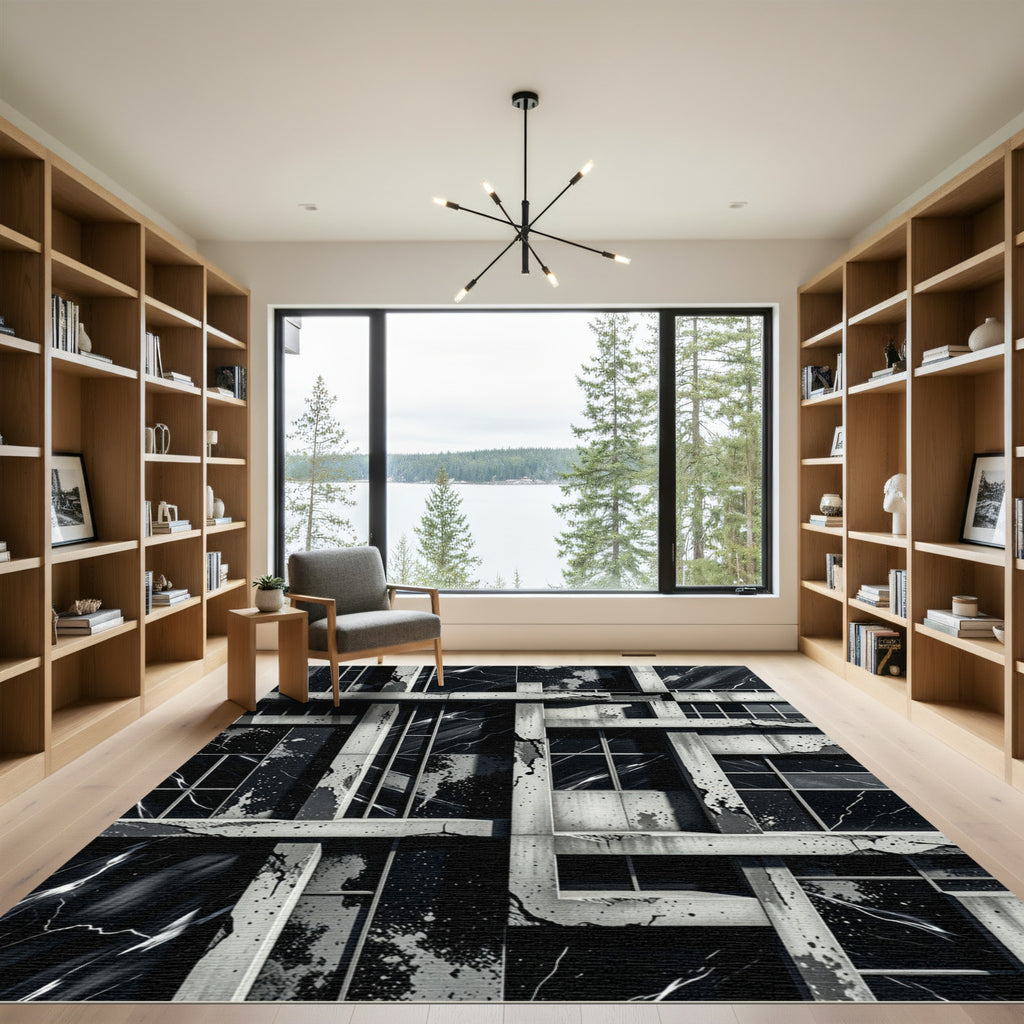 Monochrome Jagged Concrete Marble Blocks Rug