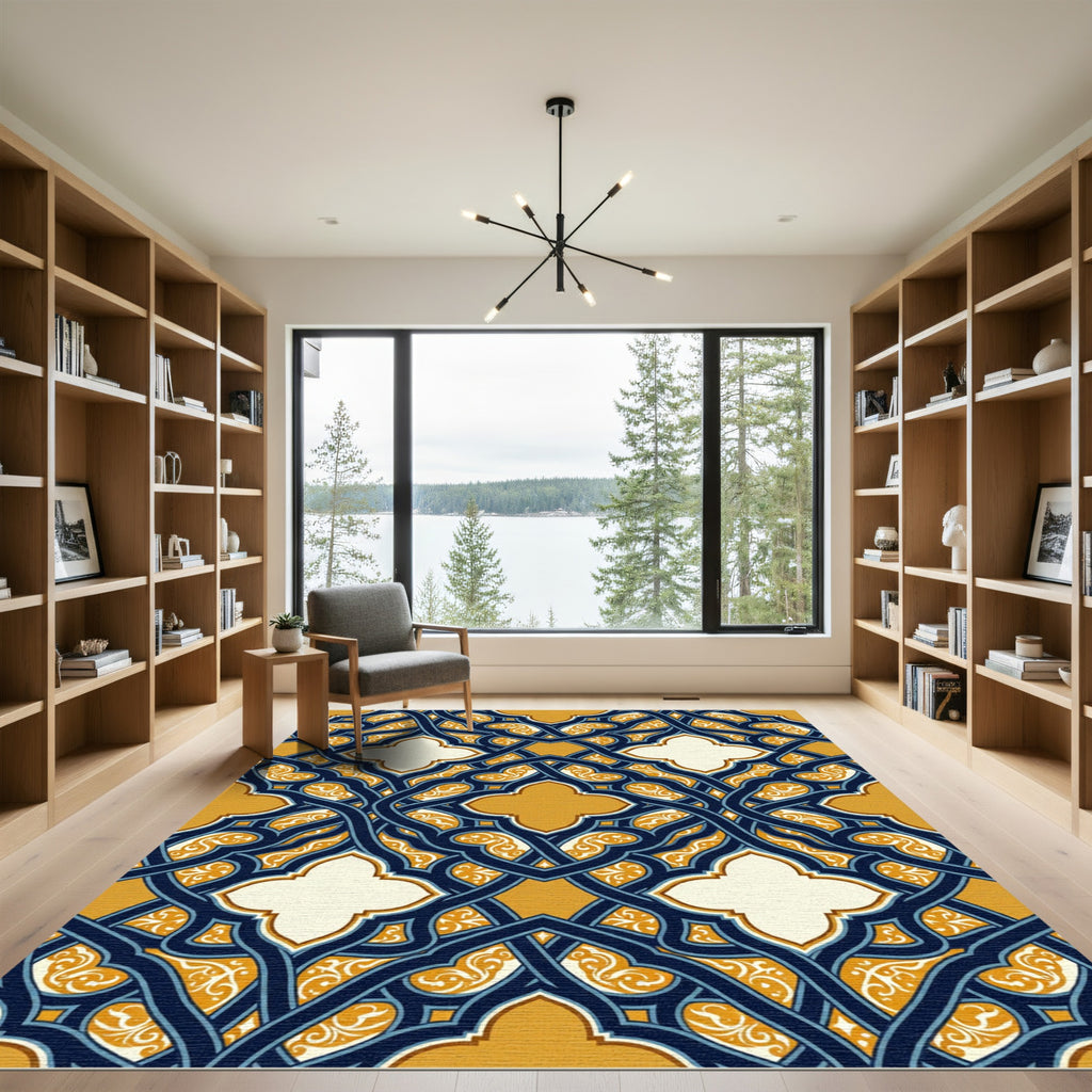 Midnight Blue and Ochre Interlocking Tile Rug