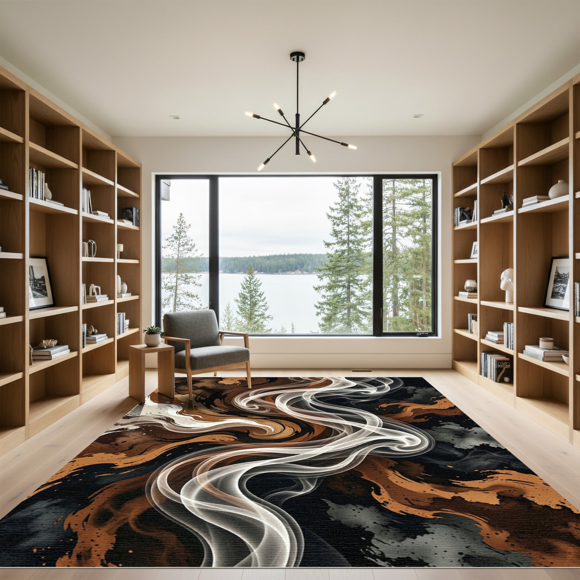 Earthy White Smoke Swirl Abstract Rug
