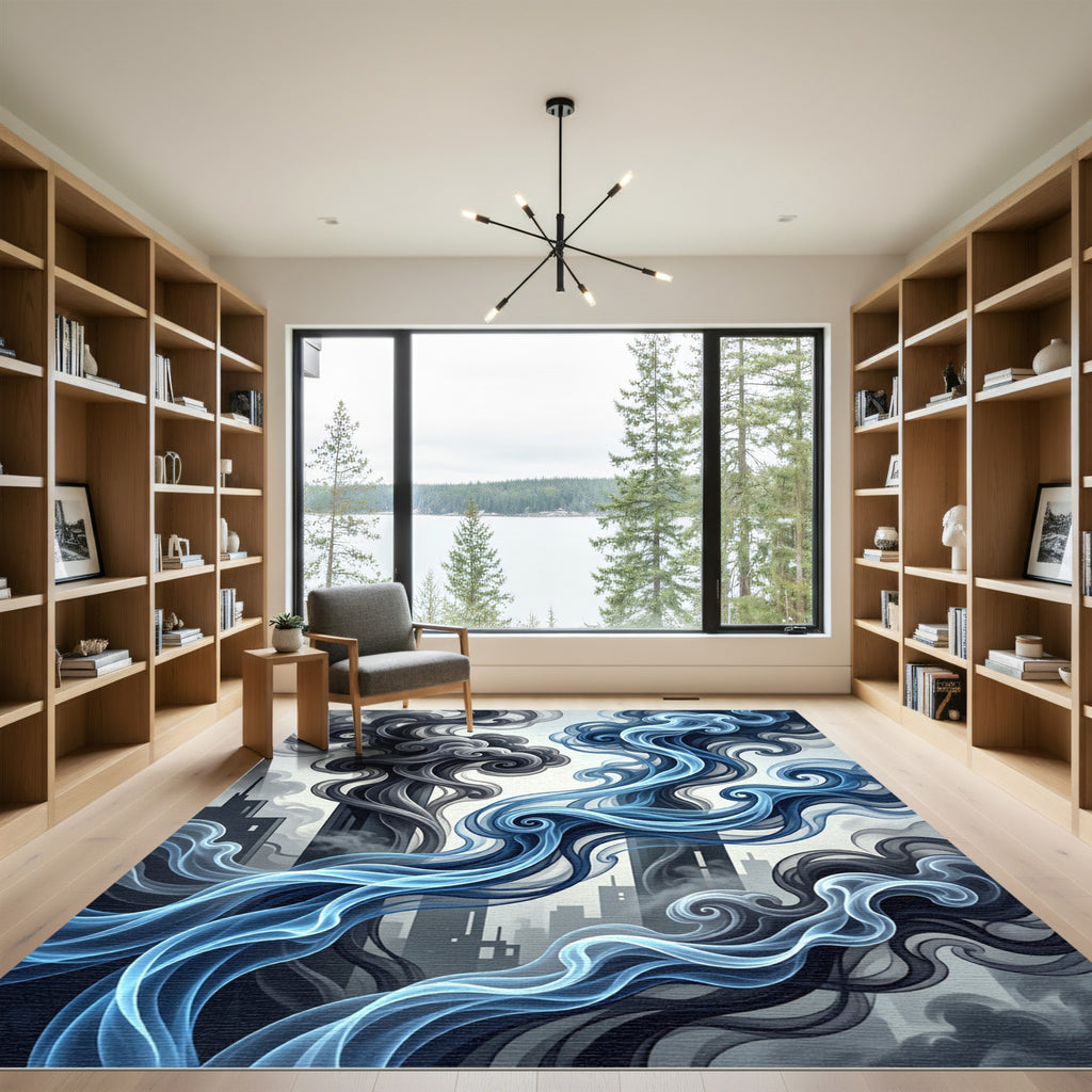 Abstract Blue Smoke Swirls Cityscape Rug