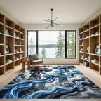 Abstract Blue Smoke Swirls Cityscape Rug