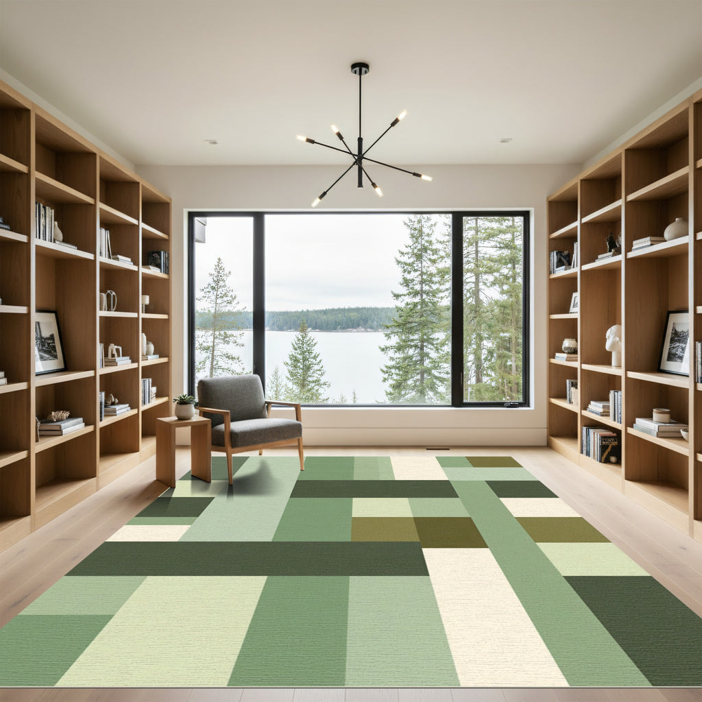 Earthy Green Geometric Blocks Rug