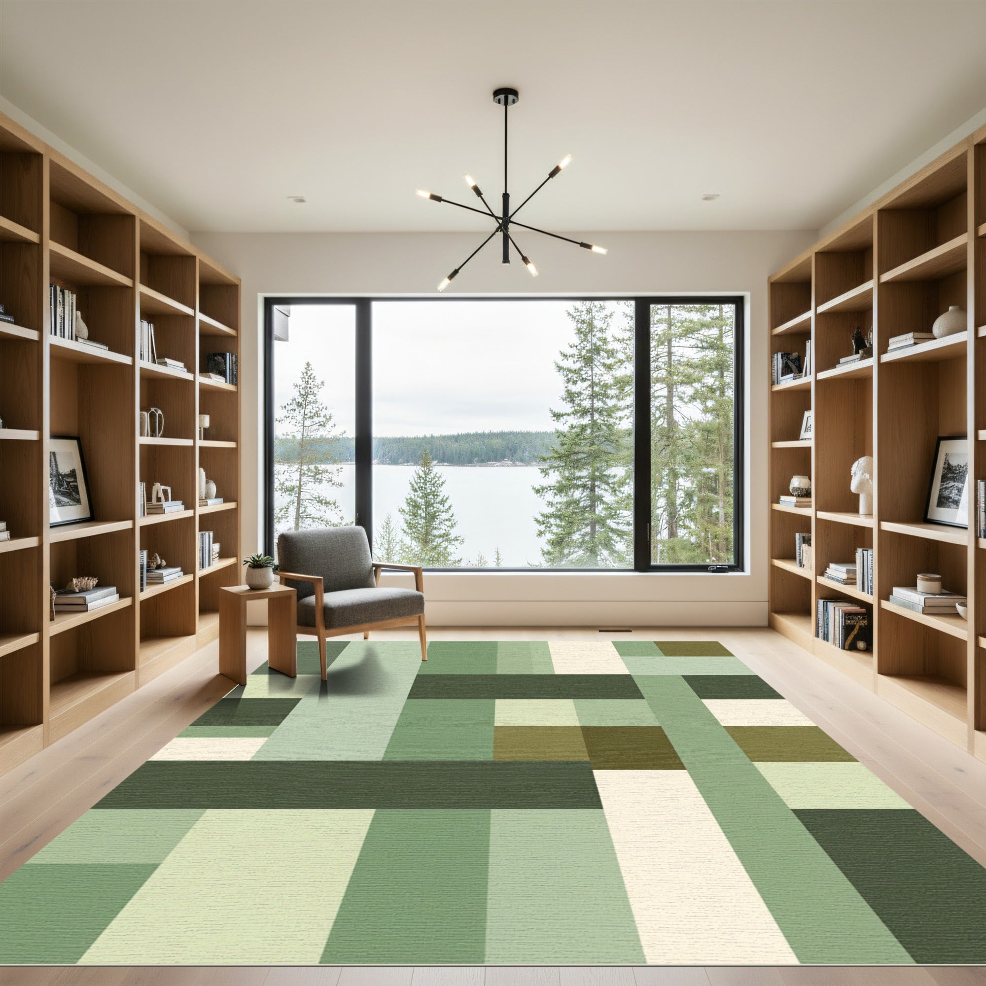 Earthy Green Geometric Blocks Rug
