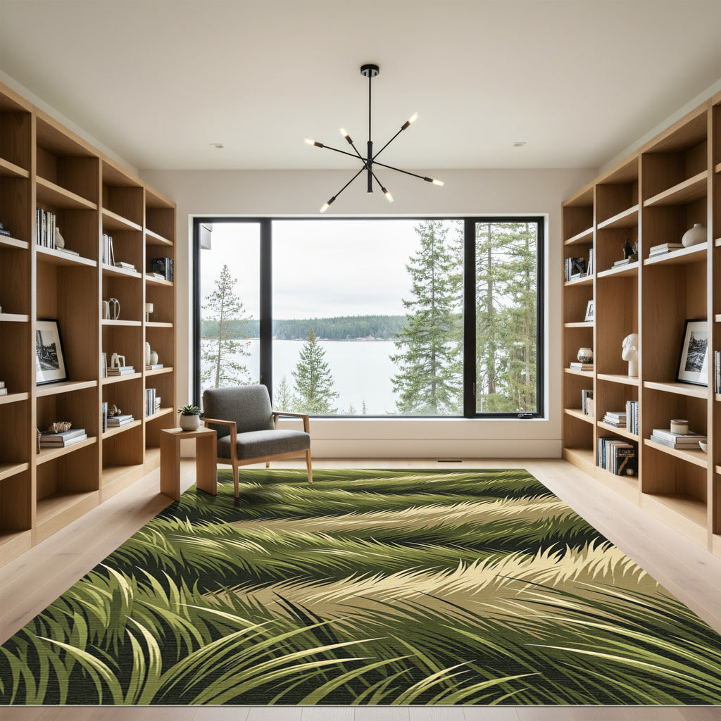 Abstract Wavy Olive Green Grass Rug