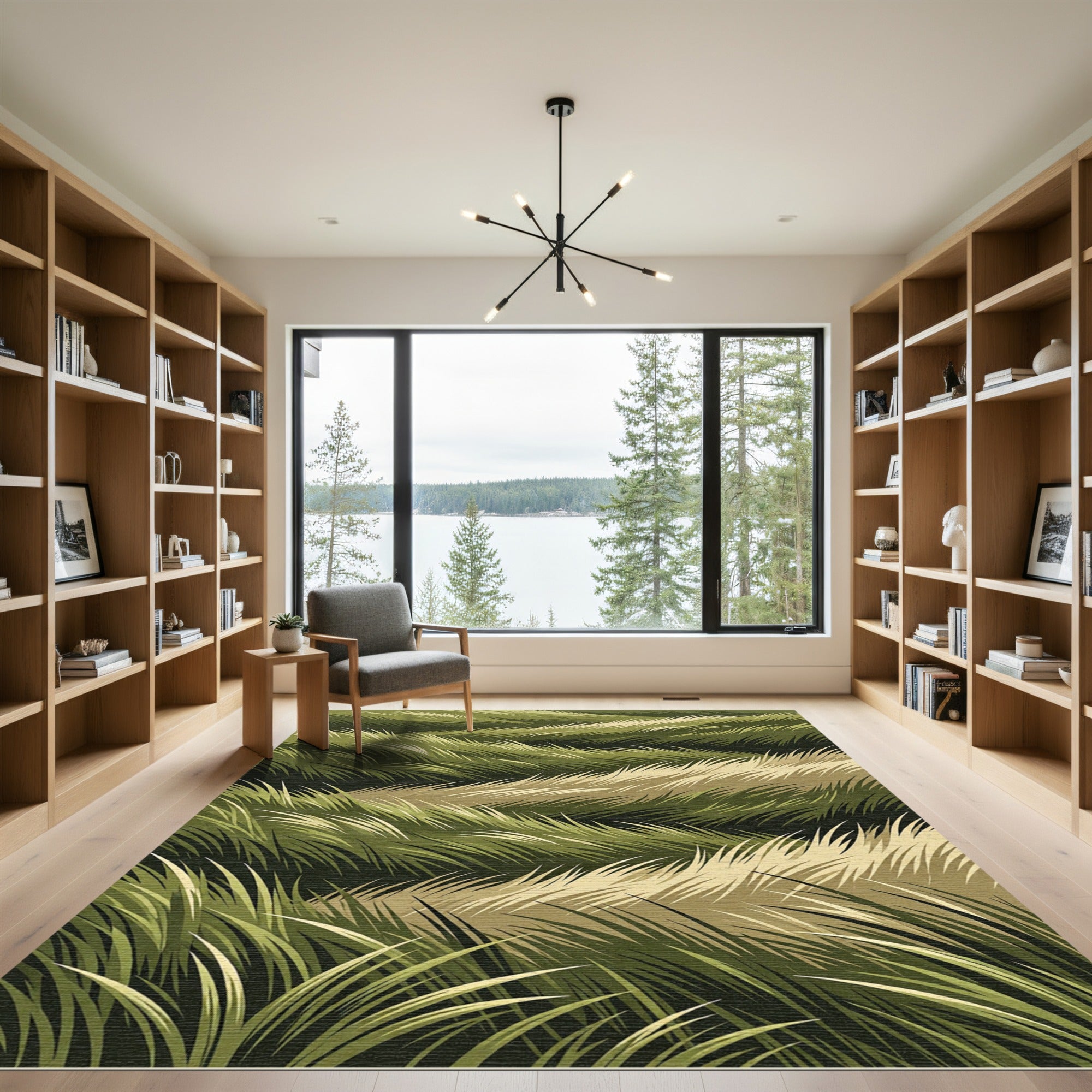 Abstract Wavy Olive Green Grass Rug