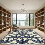 Navy Nautical Anchor Compass Cream Rug