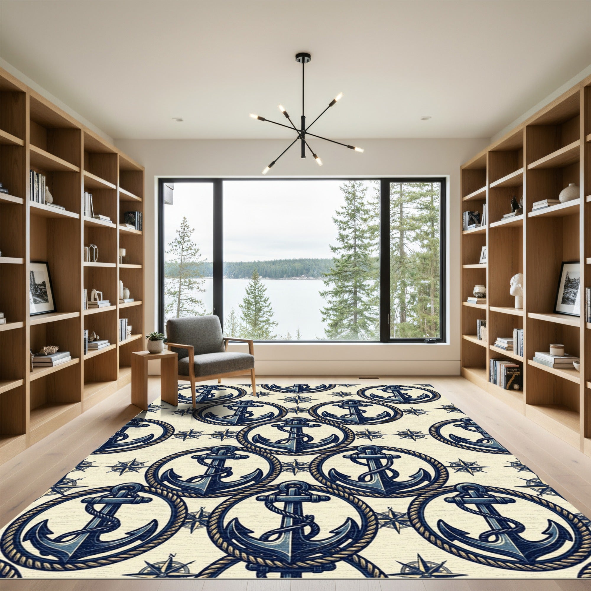 Navy Nautical Anchor Compass Cream Rug