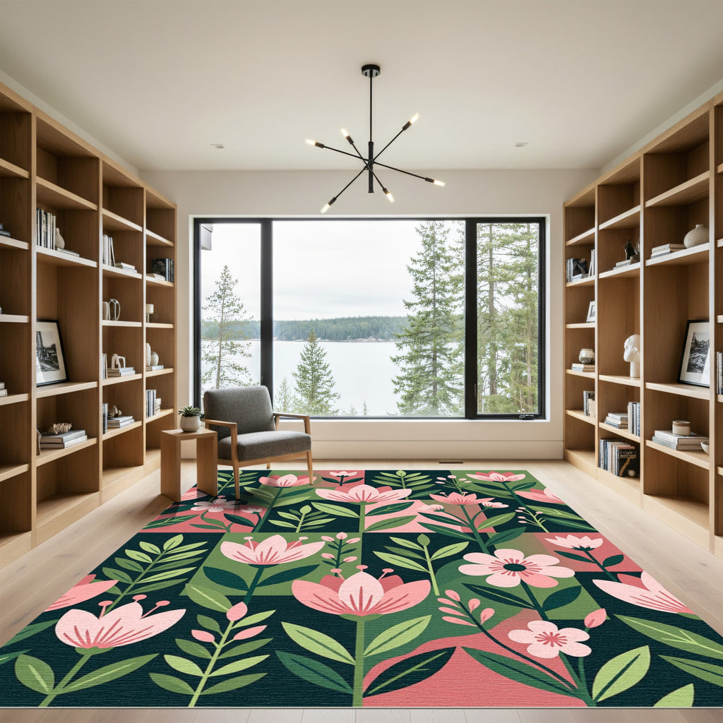 Botanical Pink Floral Dark Green Geometric Rug