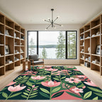 Botanical Pink Floral Dark Green Geometric Rug