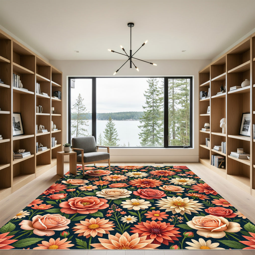 Coral Peach Floral Garden Composition Rug