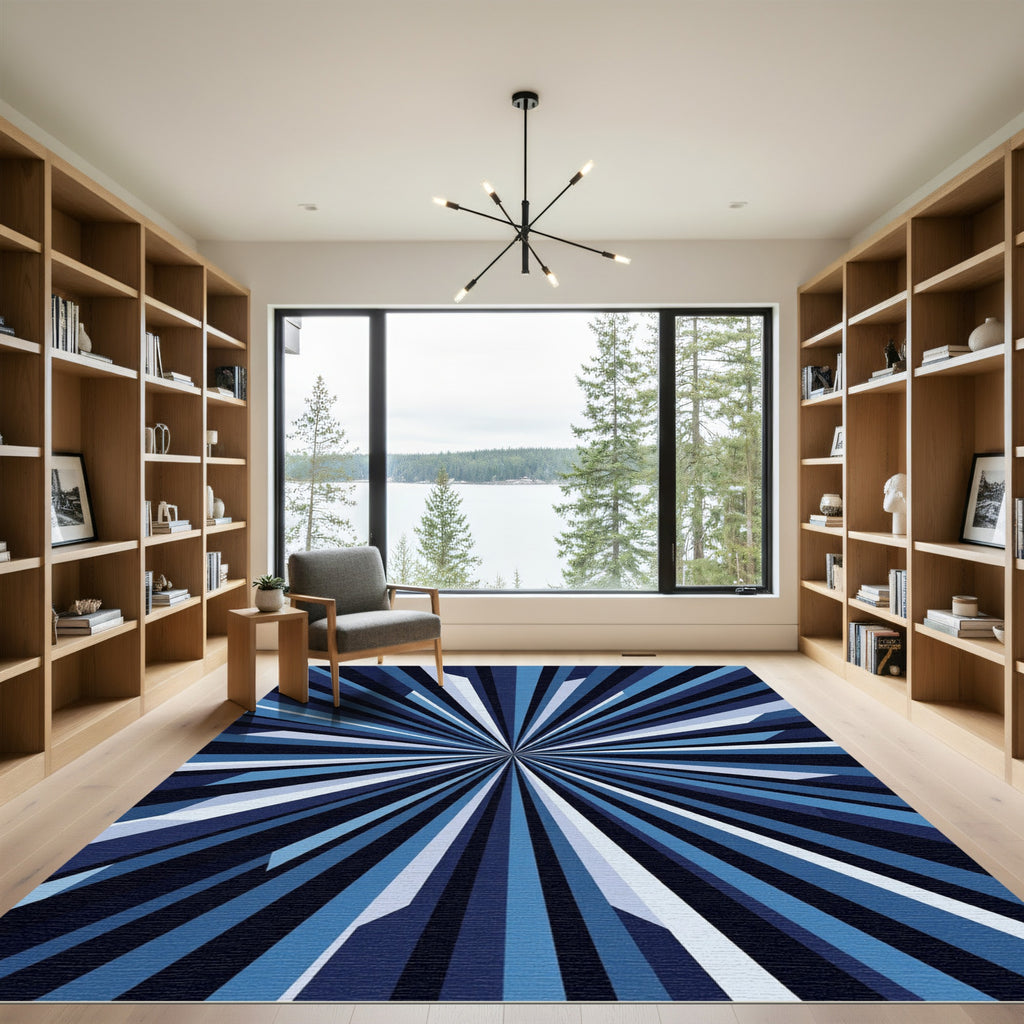 Radial Blue Geometric Burst Rug