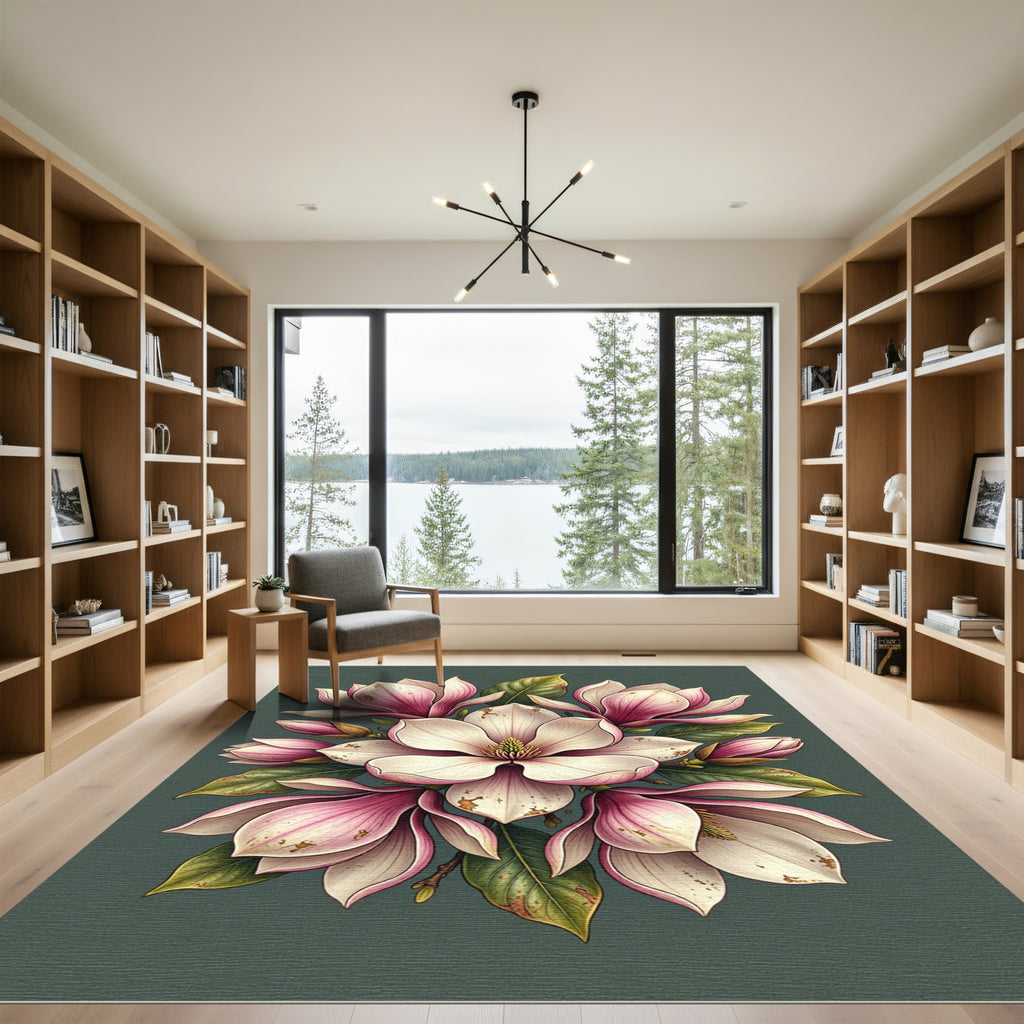 Elegant Pink Magnolia Floral Botanical Rug