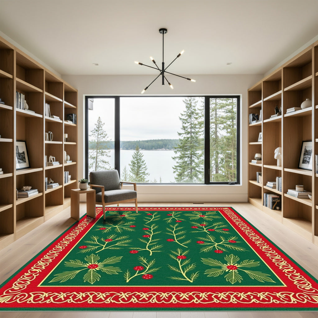 Emerald Holly Berry Botanical Border Rug