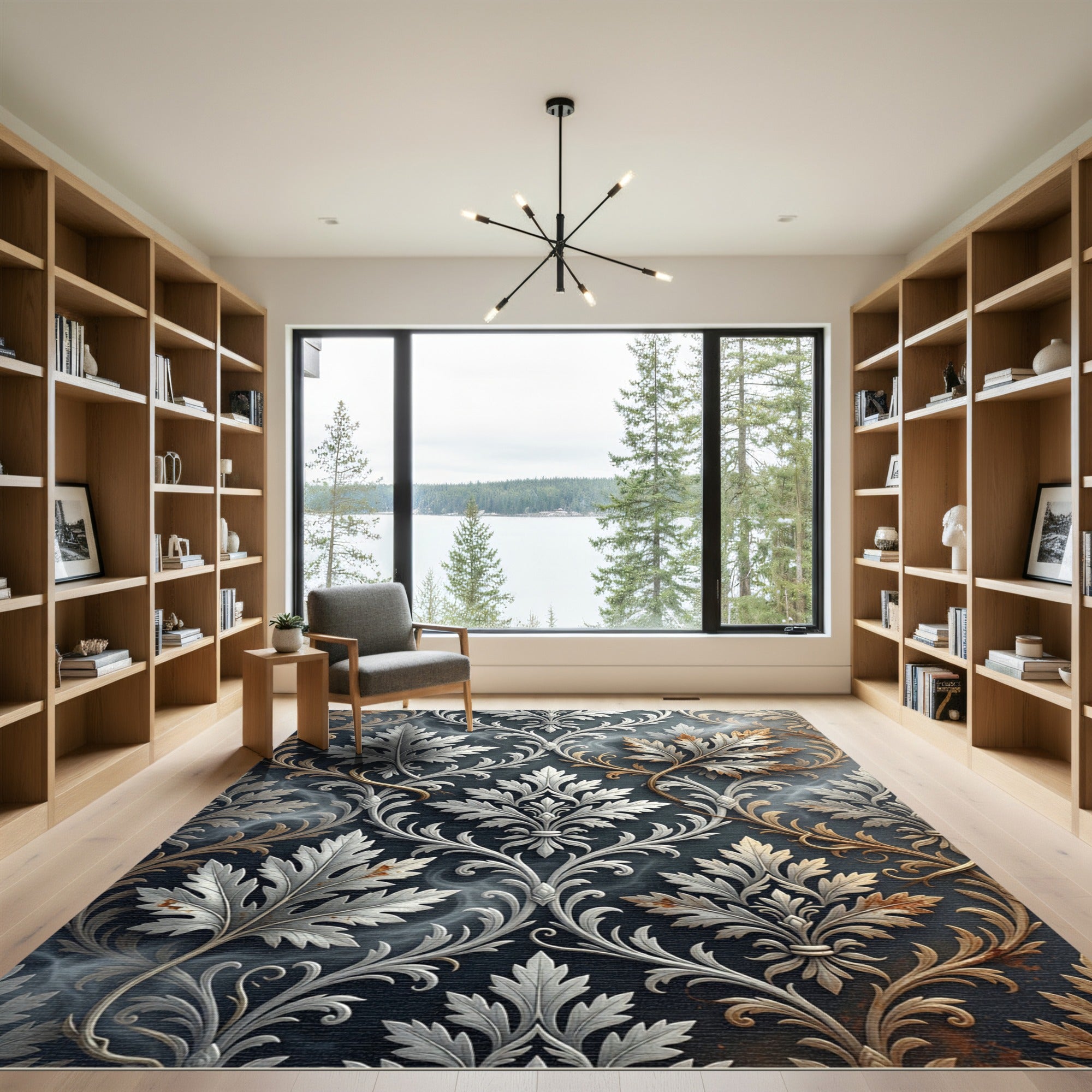 Ornate Silver Gold Leaf Scrollwork Rug