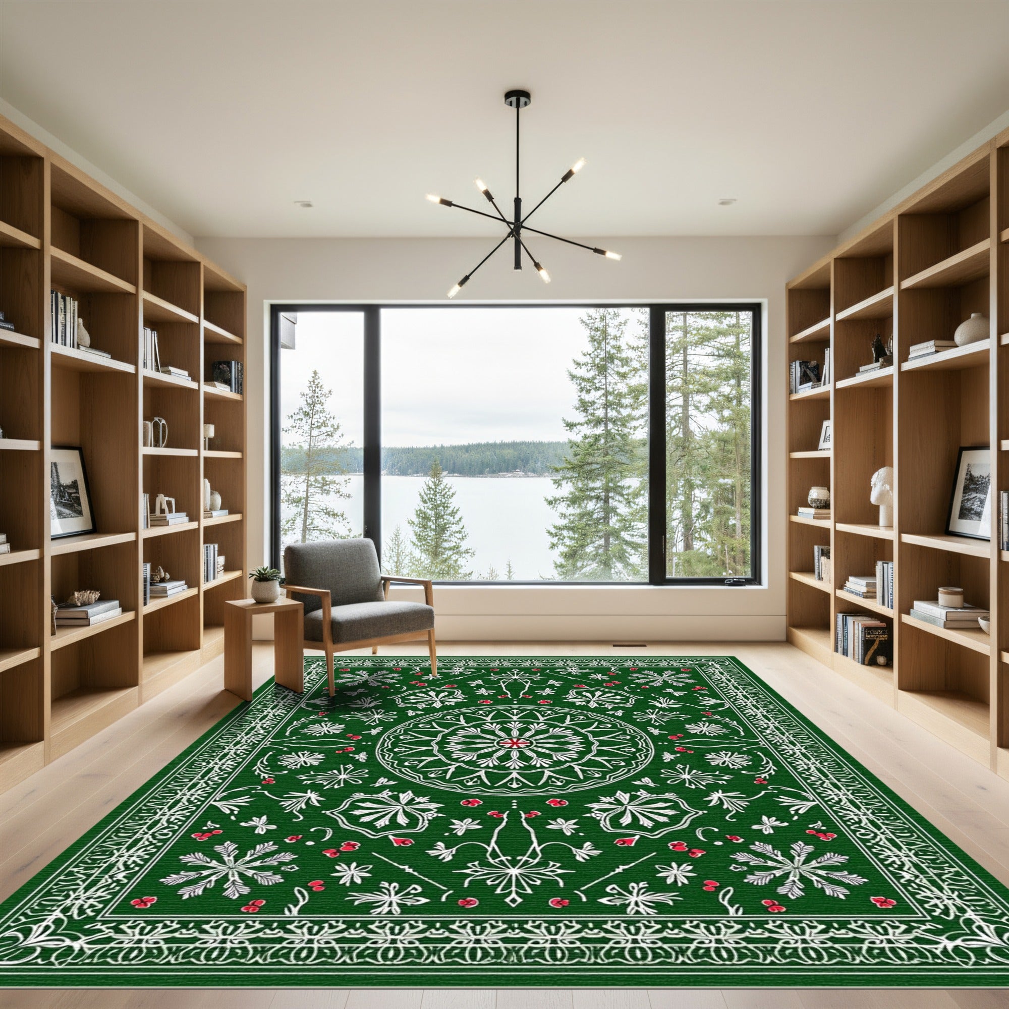 Deep Forest Green Floral Medallion Rug