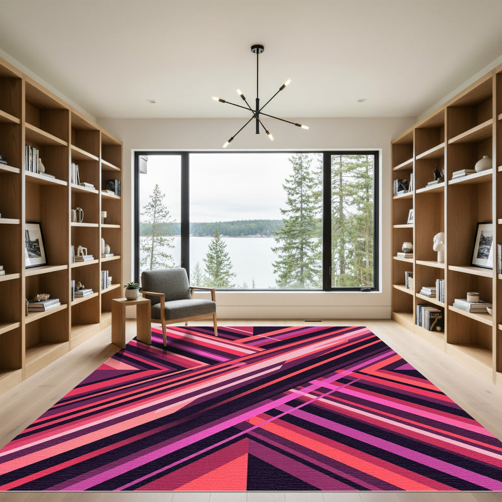 Abstract Crimson Pink Angular Line Art Rug
