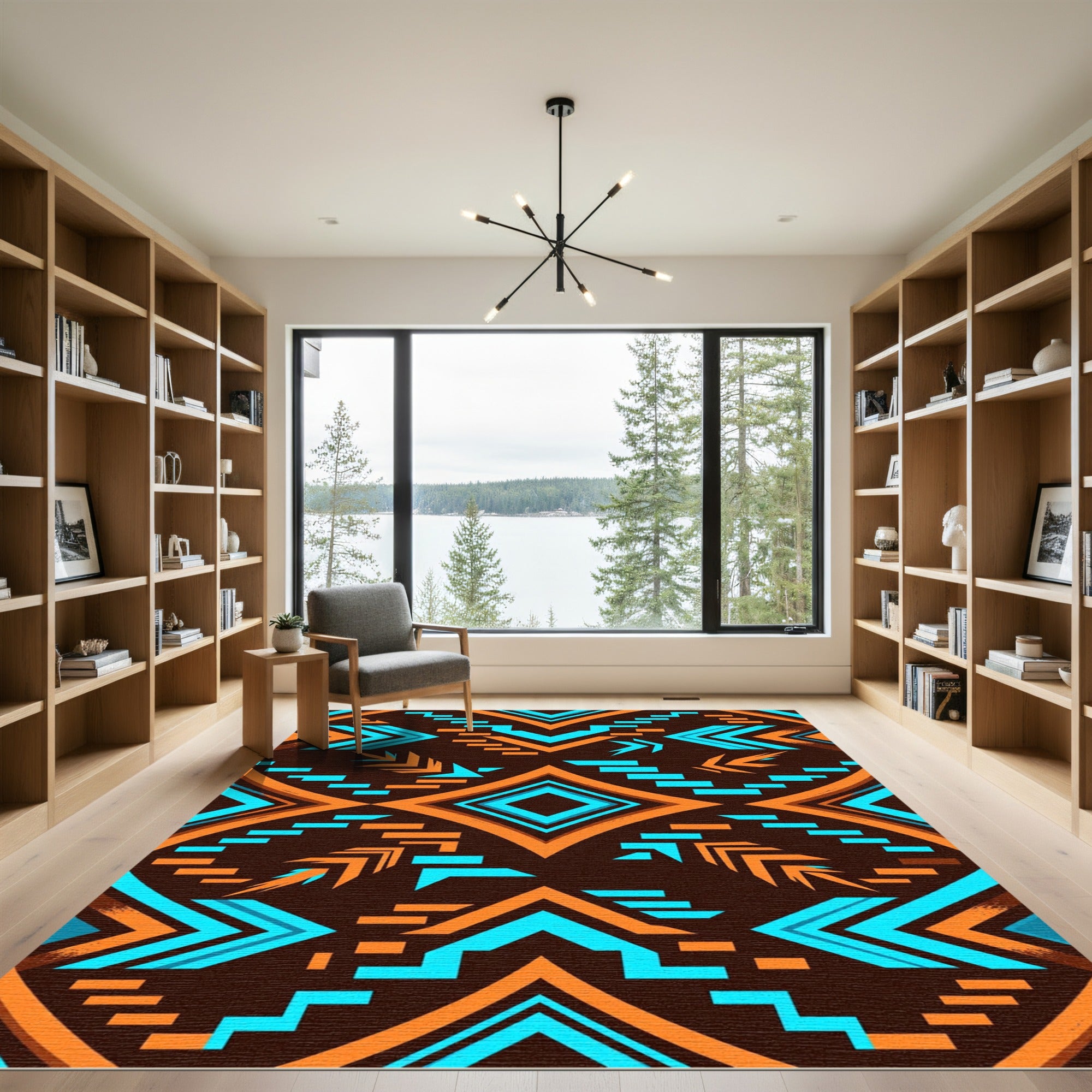 Vibrant Orange Teal Geometric Abstract Rug