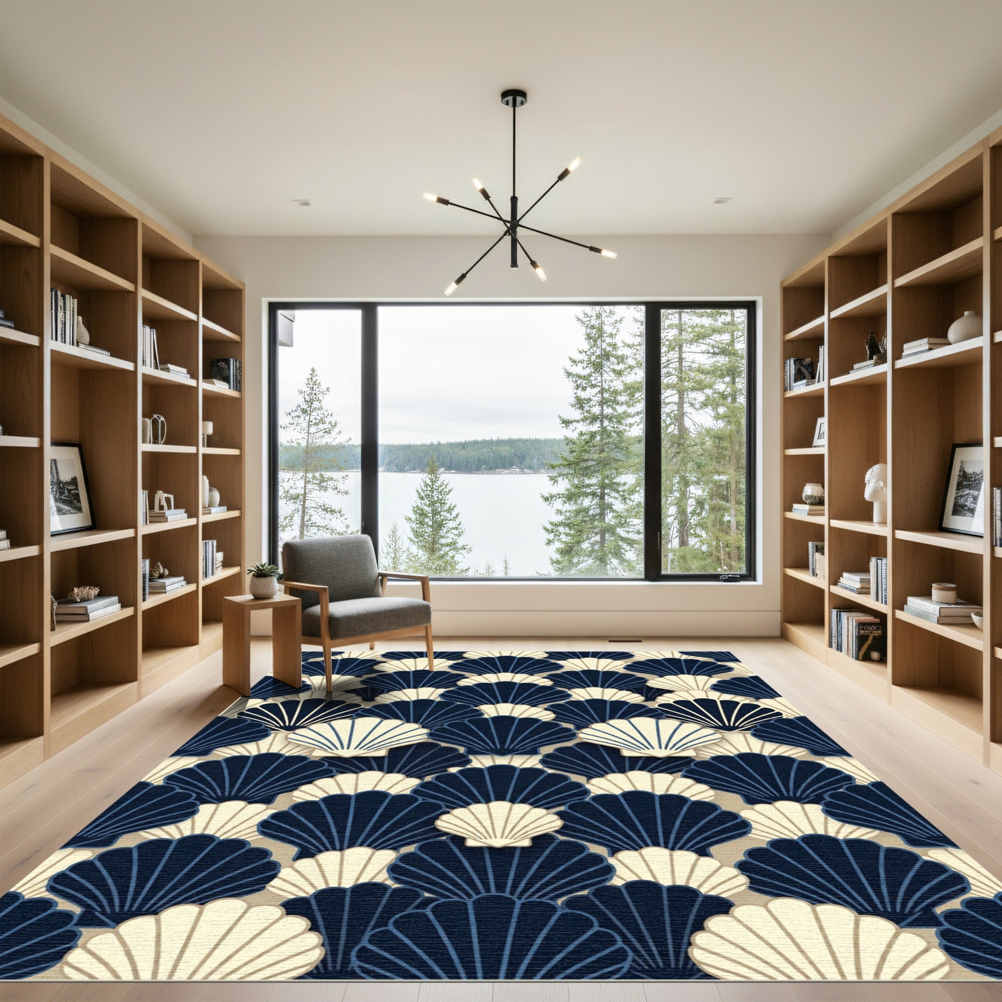 Elegant Navy and Cream Scallop Fan Rug