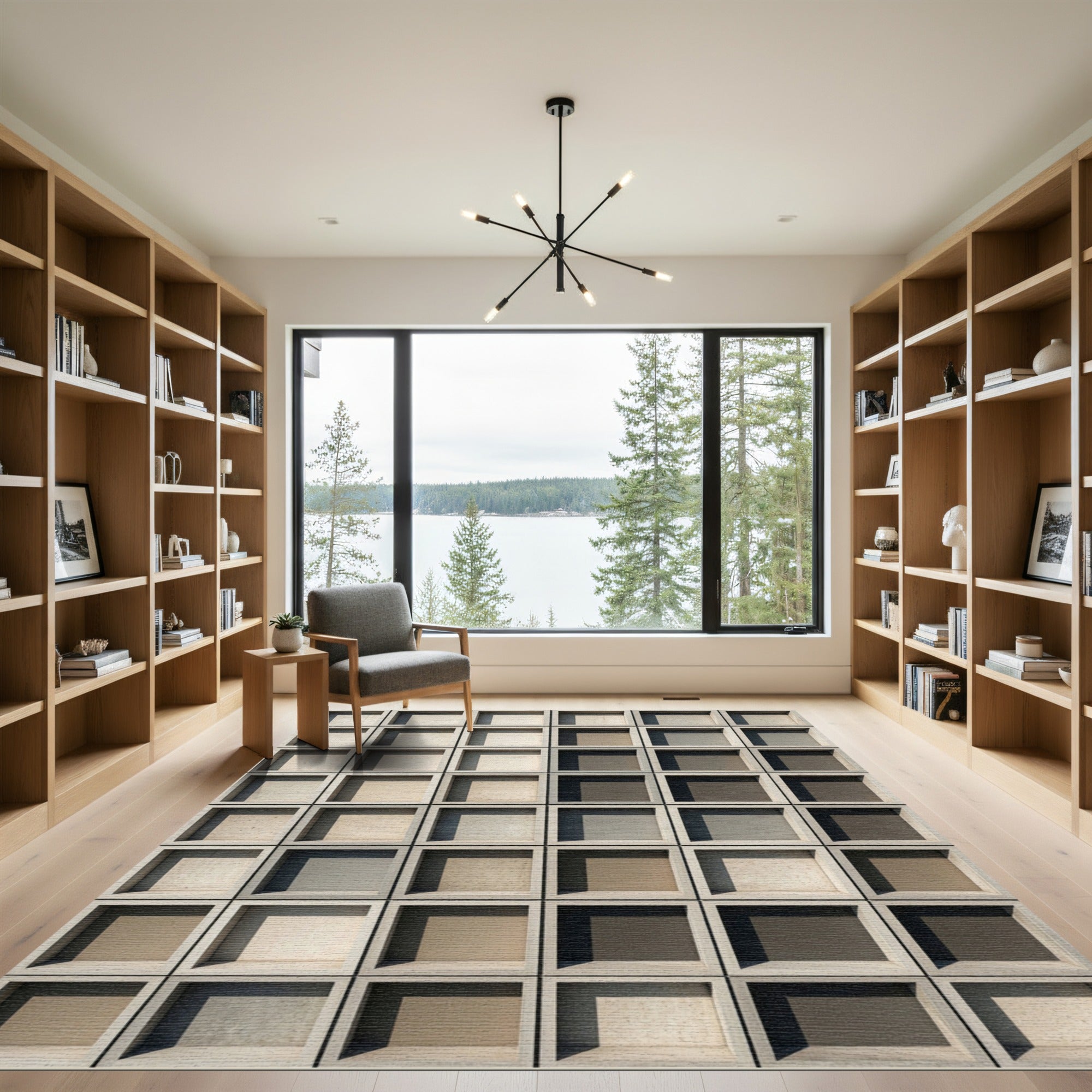 Grayscale Geometric Cubed Framework Contemporary Rug