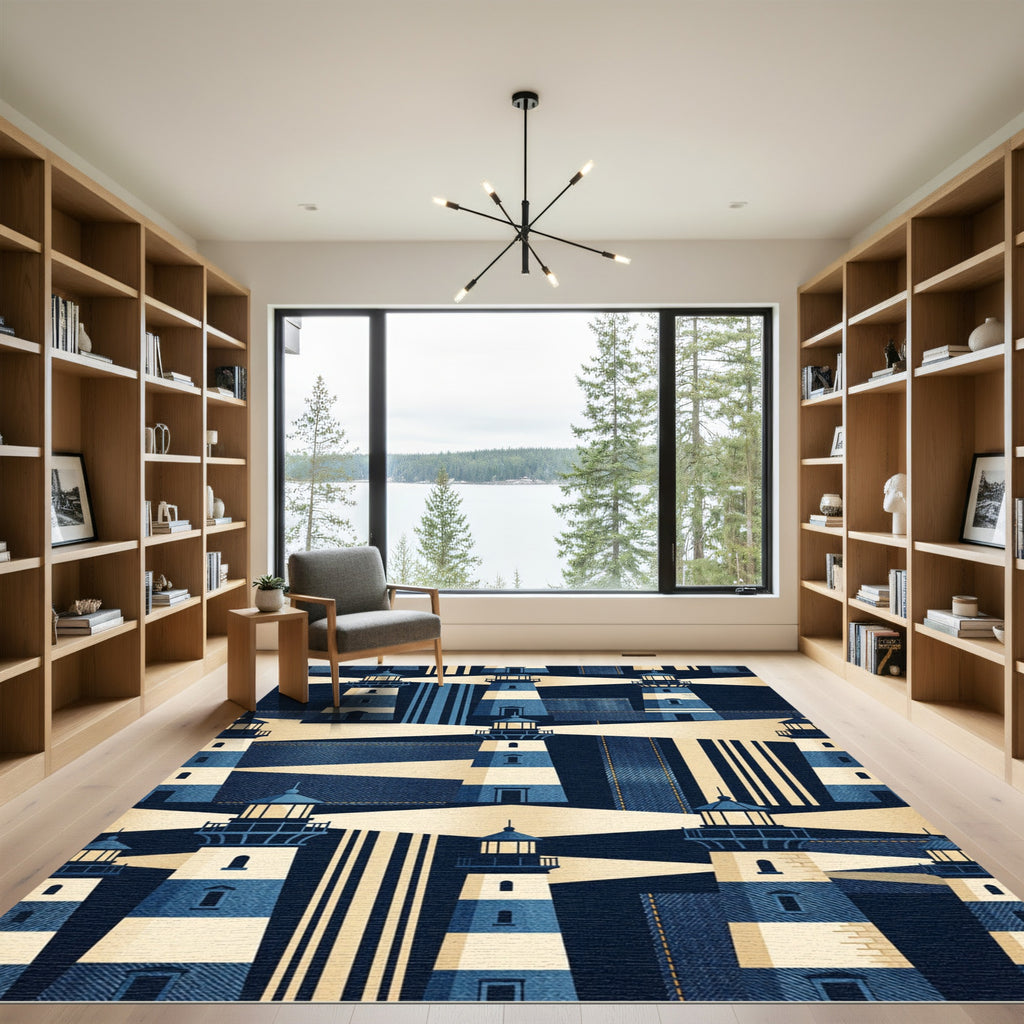 Classic Blue And White Lighthouse Pattern Rug