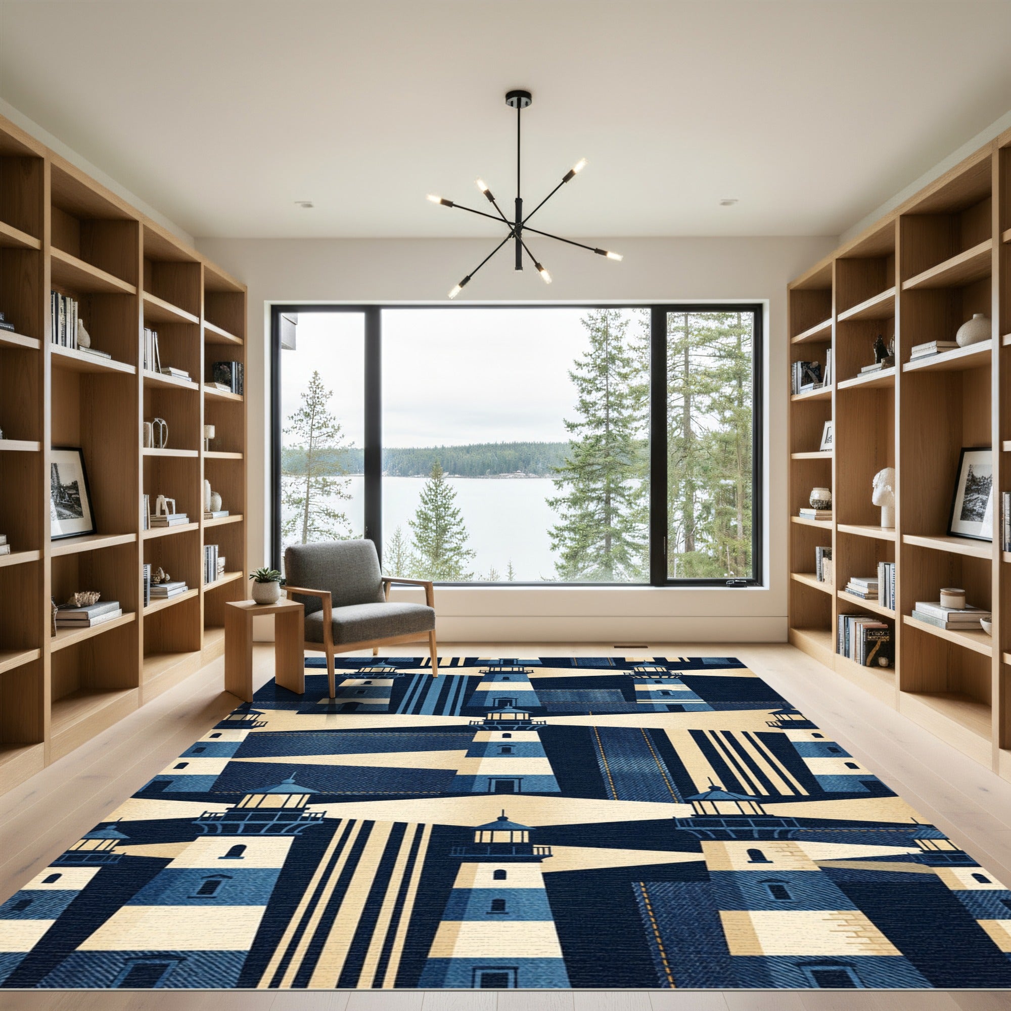 Classic Blue And White Lighthouse Pattern Rug