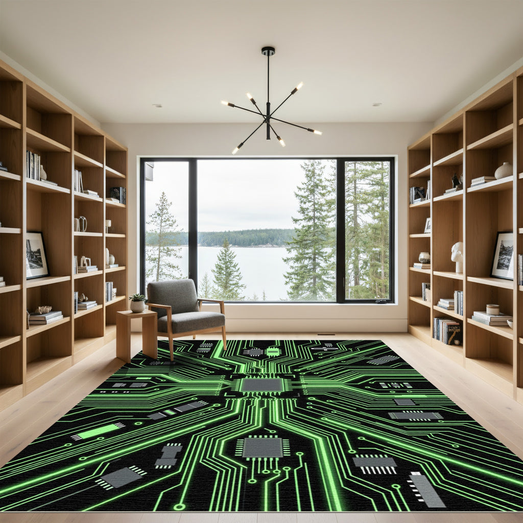 Luminous Neon Cyber Circuit Grid Rug